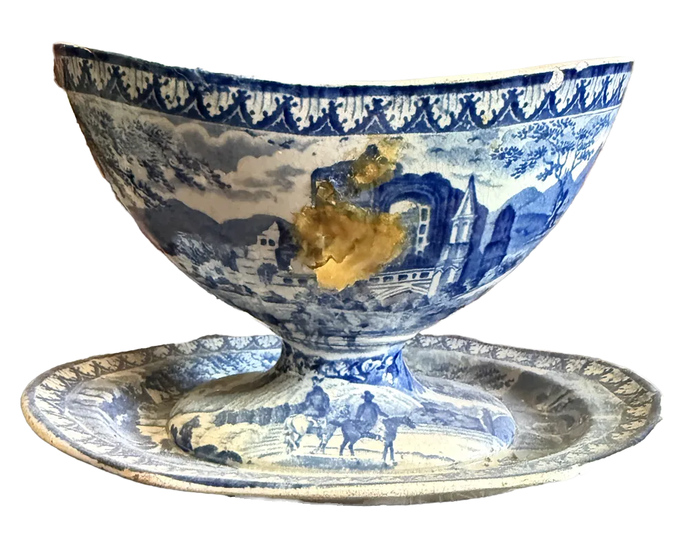 Glasgow transferware tureen with glue consolidation, from the collection of Tomas Brown