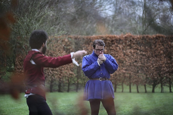 Tomas Brown on a smoke break during filming of FEAST, Galloway castle, 2019