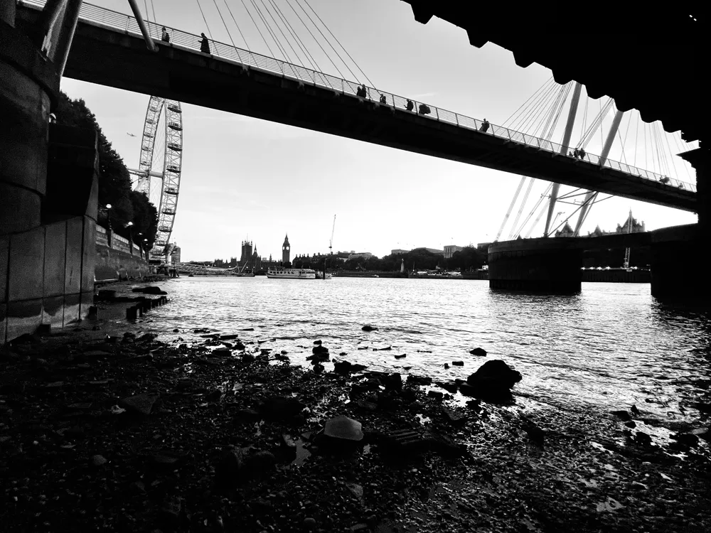 The Thames foreshore at sunset, London
