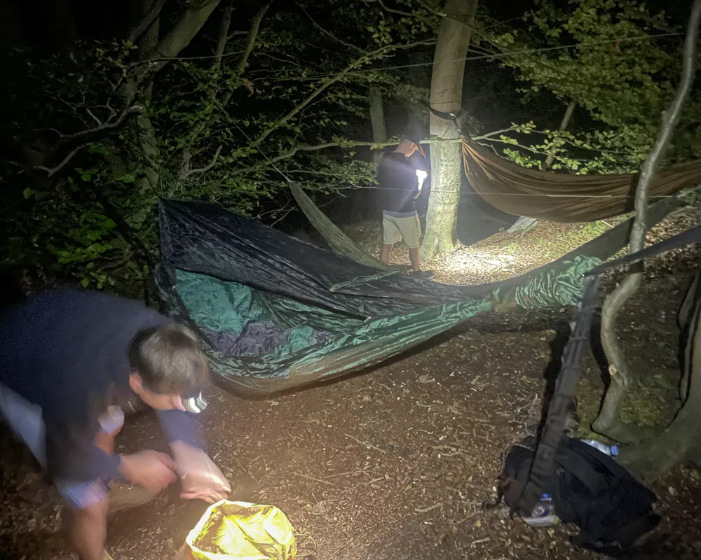 Hammock camping in woodland along the Ridgeway