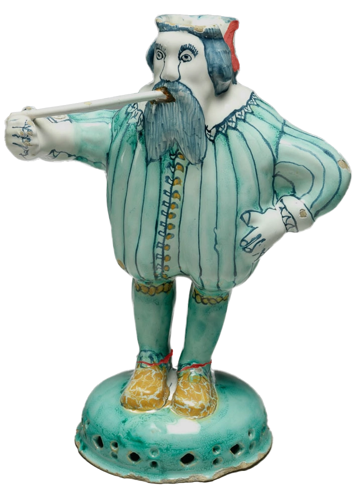 Lambeth delft figure of Nobody, C.1433-1928, glue and cement repair highlighted by Tomas Brown, Glaisher Collection, Fitzwilliam Museum