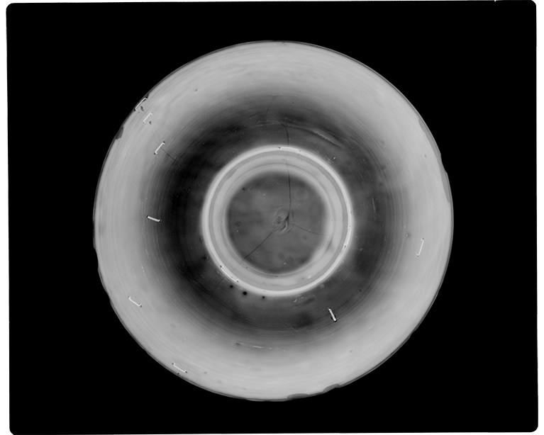 X-ray of a riveted punchbowl from the research of Tomas Brown with thanks to Jo Dillon, 2025