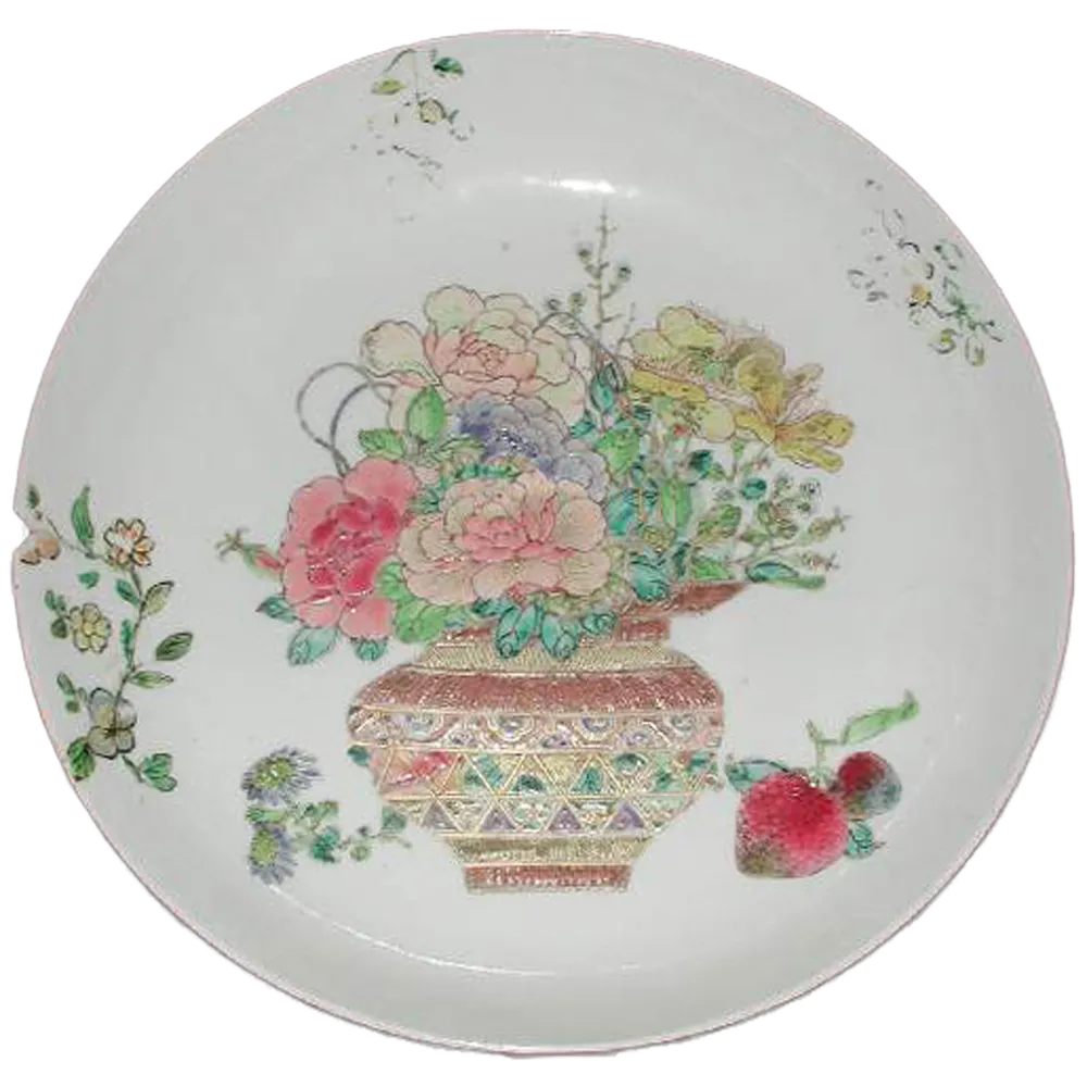 MAR.87-1912, Qing dynasty famille rose dish with floral over-painted repair, Fitzwilliam Museum
