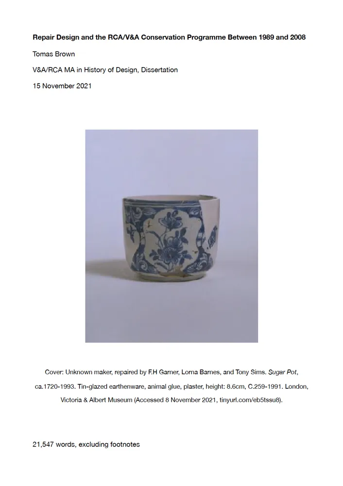 Title page of the MA dissertation Repair Design and the RCA / V&A Conservation Programme Between 1989 and 2008 by Tomas Brown